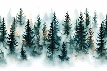 Tranquil Misty Forest Scene with Tall Evergreen Trees in Fog