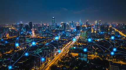 Fototapeta premium Smart digital city with connection cyber security network reciprocity over the cityscape . future smart wireless digital city and social media networking systems that connects people within the city