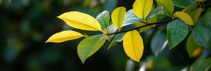 Obraz premium Vibrant Green and Yellow Autumn Leaves - Nature's vibrant palette, showcasing the beauty of autumn foliage. Symbolizing change, growth, renewal, and the passage of time. A tranquil scene of natural b