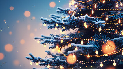 Snowy Christmas Tree: A close-up of a snow-dusted Christmas tree adorned with twinkling lights, evoking a sense of warmth and wonder.