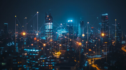 Obraz premium Smart digital city with connection cyber security network reciprocity over the cityscape . future smart wireless digital city and social media networking systems that connects people within the city