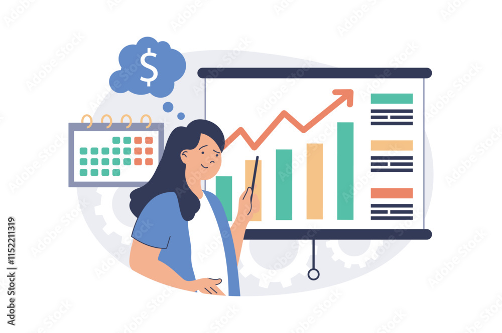 Poster business analytics web concept with flat cartoon people for website design.