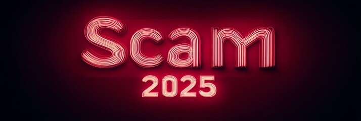 Scam 2025: Crimson Neon Sign - Intense crimson backdrop, neon sign, layered text effect, warning, future prediction. Symbolizes danger, deception, alert, threat, and 2025.
