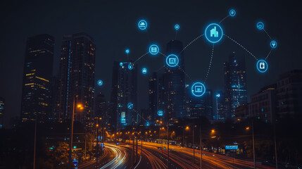 Naklejka premium Smart digital city with connection cyber security network reciprocity over the cityscape . future smart wireless digital city and social media networking systems that connects people within the city