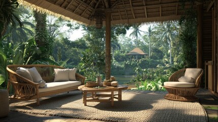Relaxing outdoor patio with wicker furniture, overlooking lush tropical garden.
