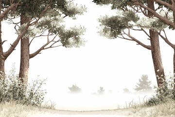 Fototapeta premium Serene Forest Pathway Surrounded by Tall Trees in Soft Foggy Landscape