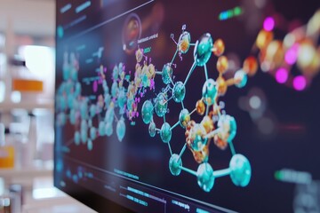 Computer screen displays a complex molecular structure model