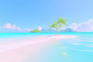 Obraz premium Tranquil beach with soft pink sand, clear blue water, and distant palm trees under a bright sunny sky. A serene tropical escape.