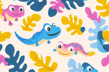 Fototapeta premium Colorful cartoon-style illustration of geckos with bright tropical leaves. Vibrant design perfect for summer themes, with bold, playful elements and a cheerful vibe.