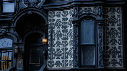 Dark-toned image of a building's exterior, showcasing ornate dark stonework, a patterned wall section, arched entryway, and windows.  Details include a small light fixture and window glass reflections