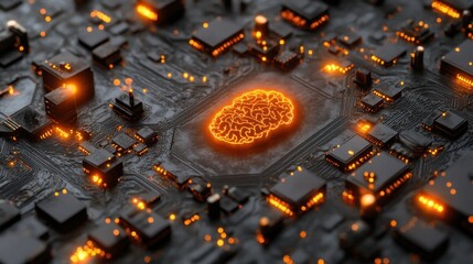 Glowing brain on a circuit board, representing artificial intelligence and neural networks. (3)