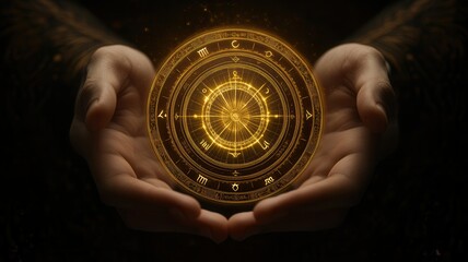 A pair of hands holds a glowing, intricate circular symbol, radiating golden light against a dark background, suggesting mystery and enchantment.
