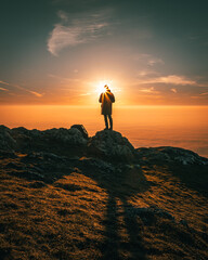 silhouette of a hiker on the top of a mountain at sunset