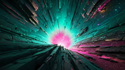 a massive crack in a cosmic dimension, glowing with iridescent hues of pink, green, and gold, with swirling vortexes and mysterious shadowy figures peeking through the fractures