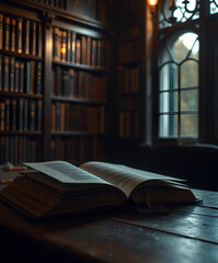 Whispers of knowledge in an ancient library filled with the warmth of dusk and the promise of stories yet to be told