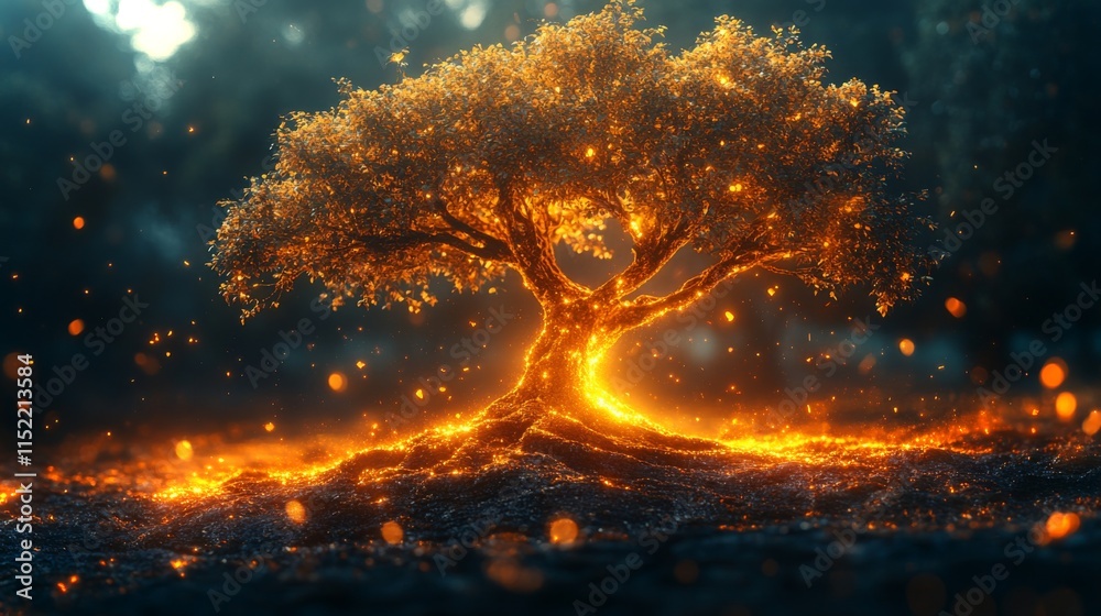 Fototapete A majestic tree surrounded by a soft glow emanating from the ground, creating an enchanting atmosphere in a dimly lit forest during twilight.