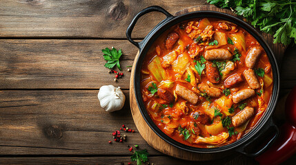 Hearty Sausage Stew Garnished with Herbs in a Cast Iron Pot