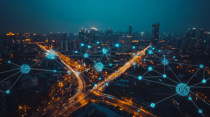 Naklejka premium Smart digital city with connection cyber security network reciprocity over the cityscape . future smart wireless digital city and social media networking systems that connects people within the city
