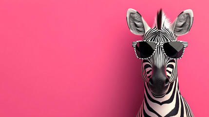 Obraz premium a zebra wearing stylish sunglasses, set against a bright pink background