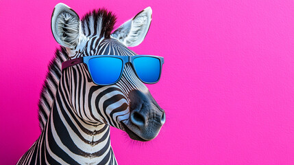 a zebra wearing stylish sunglasses, set against a bright pink background