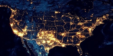 Fototapeta premium Nighttime satellite imagery captures the vibrant lights of the United States.