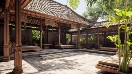 Fototapeta premium Sunlit Balinese courtyard with intricate wooden architecture, offering serene relaxation.