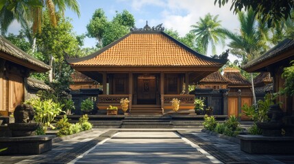 Fototapeta premium Traditional Balinese house with intricate carvings, surrounded by lush tropical gardens and palm trees.