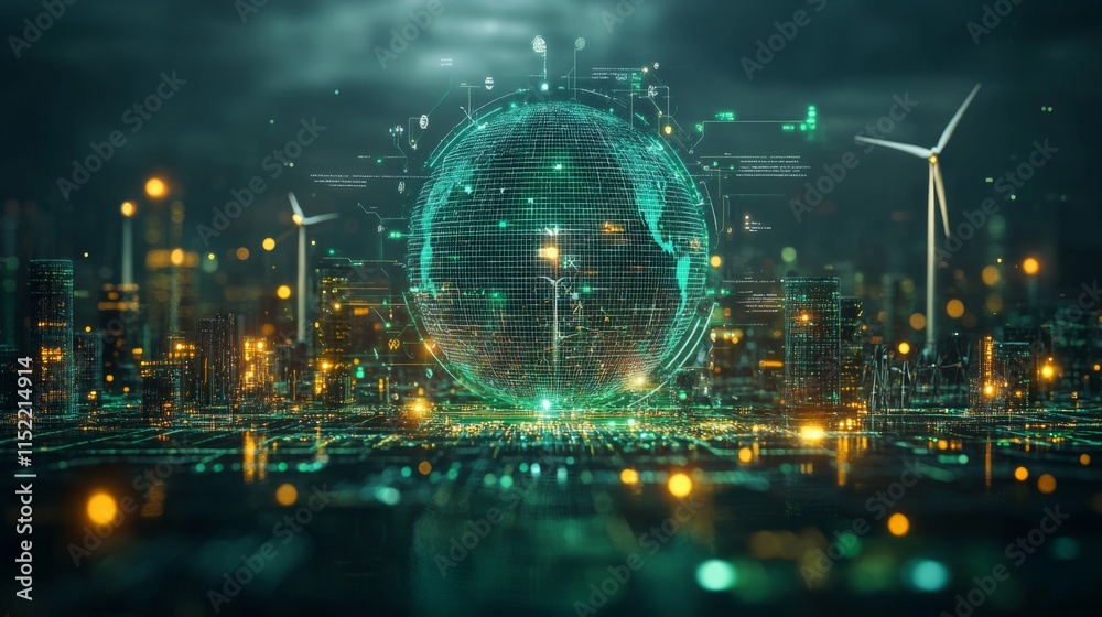 Poster a futuristic city skyline is illuminated by bright lights, featuring a digital globe and wind turbin