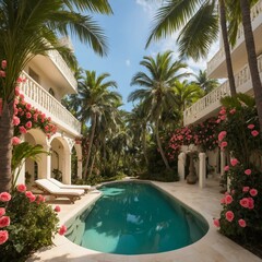Fototapeta premium A picturesque courtyard in a tropical resort, featuring a swimming pool, comfortable lounge chairs, and buildings in a Mediterranean or Spanish Colonial style. 