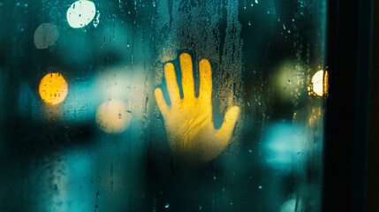 Close view of a window with foggy glass and a faint handprint pressed against it.
