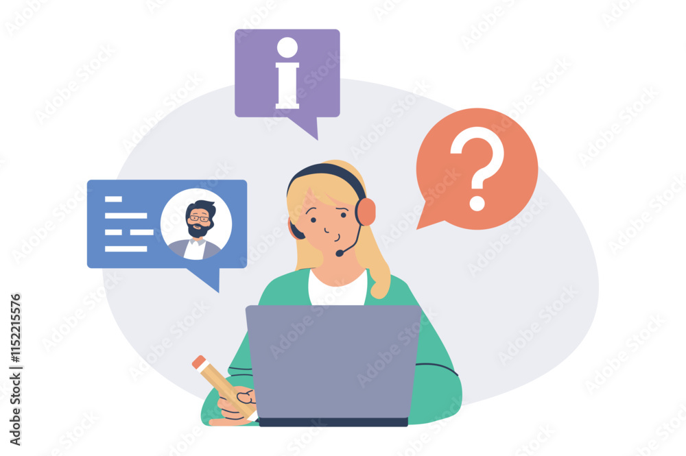 Poster call center web concept with flat cartoon people for website design.