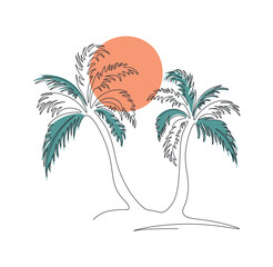 Palm trees on sunset backdrop in one line. Drawing with single continuous line. Tropical vegetation. Editable stroke. Modern minimal in line art style. Vector linear illustration. 