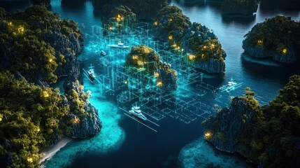 Aerial view of a futuristic island city at night with boats and glowing structures.