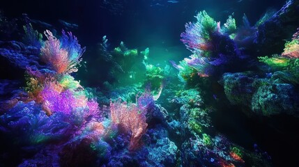 Fototapeta premium Vibrant underwater scene with colorful coral reefs glowing in dark ocean.