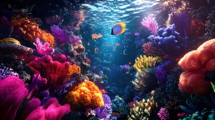 Naklejka premium Vibrant coral reef teeming with colorful fish and diverse marine life under the ocean.