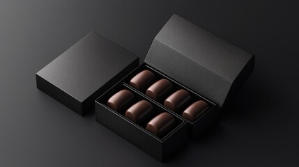 A sleek black box opens to reveal elegant chocolate confections, showcasing a luxurious treat perfect for gifting or indulgence.