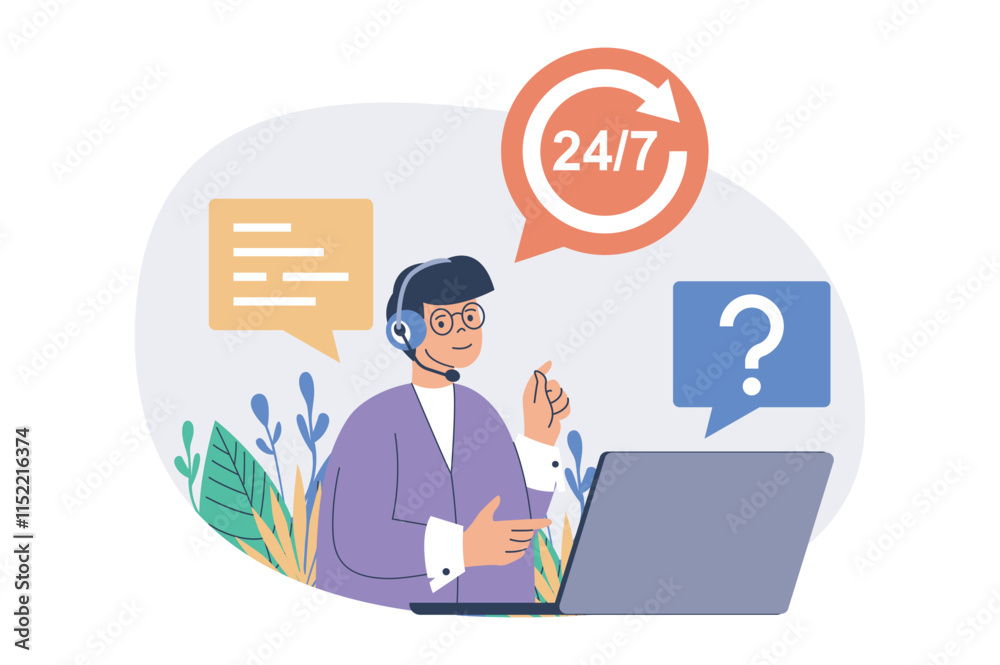 Aufkleber call center web concept with flat cartoon people for website design.