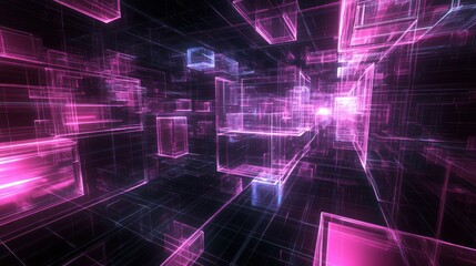 Obraz premium Abstract digital tunnel of glowing pink and blue cubes in dark space.