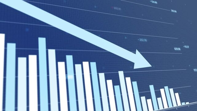 Dynamic infographic presentation, sequential diagrams illustrating decreased profit trends, sharp downward arrows indicating falling values, blue background, clean modern design, Copy space.