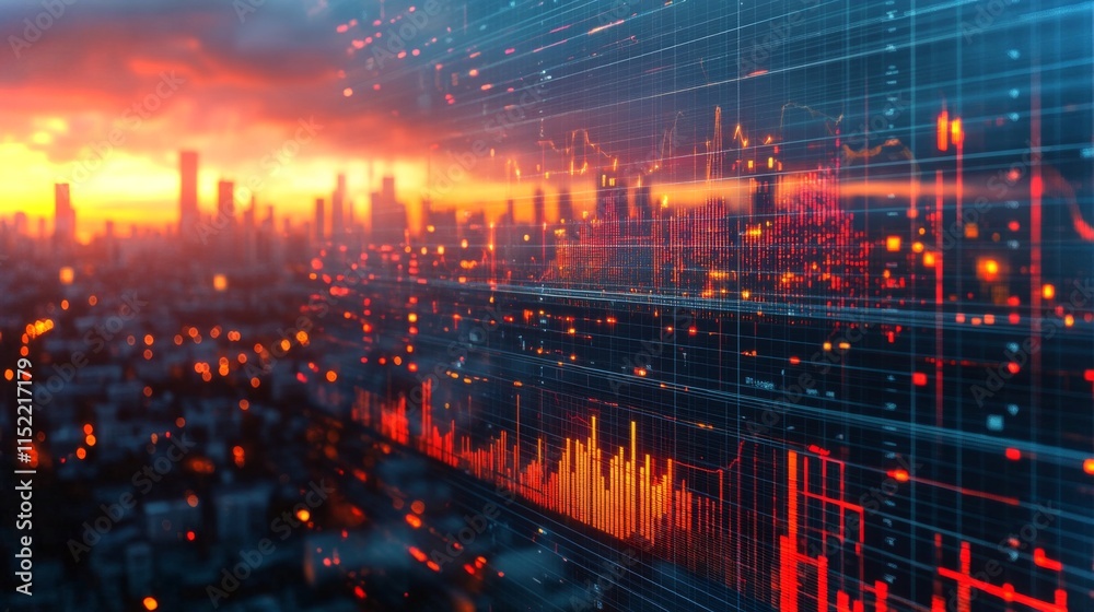 Leinwandbilder a stunning view of a city skyline at sunset, featuring vibrant colors in the sky. digital graphs ove