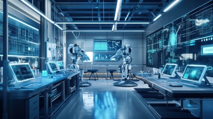 Futuristic robotic lab with advanced technology, AI, and digital displays.