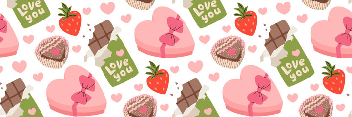 Valentine pattern with Pink box of chocolates, candies and strawberries. Festive romantic background with various sweets. Gift for your dear friend. For pastry shop, wrapping. Vector flat illustration