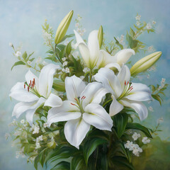 Fototapeta premium White lilies in serene floral arrangement with soft greenery