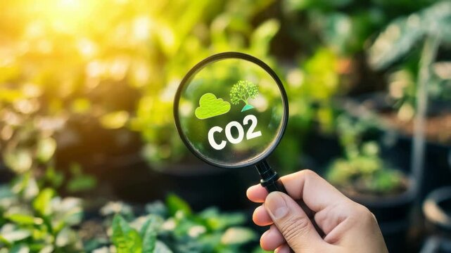 A magnifying glass highlighting CO2 and environmental symbols above green plants, emphasizing sustainability and environmental awareness.