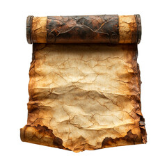 Old blank parchment scroll with cracked texture. Antique weathered manuscript featuring leather holder and damaged paper surface