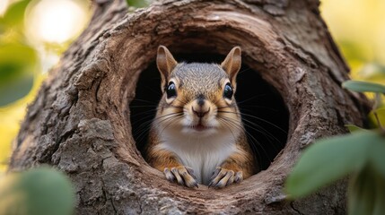 Adorable squirrel peeking from tree hollow.