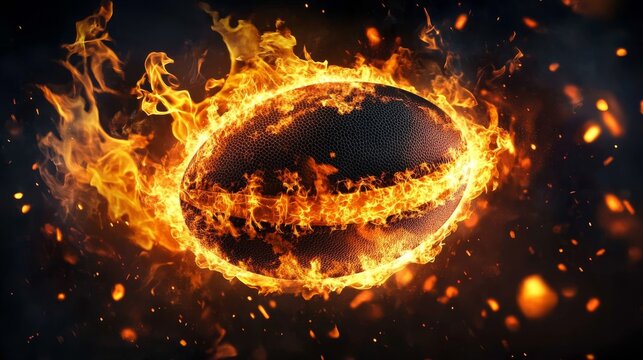 Fiery Passion of Rugby A Rugby Ball Engulfed in Flames against a Dramatic Black Backdrop - Powered by Adobe