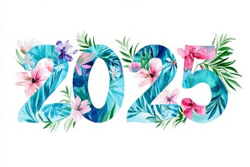 Fototapeta premium Stunning Floral 2025 Design with Tropical Watercolor Style. A Vibrant New Year's Celebration. A Beautiful Floral Number Design for the New Year.