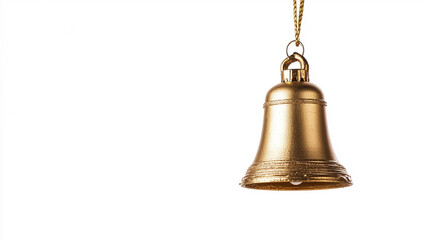 commercial shot, an golden christmas bell hanging in the air, fully white background,