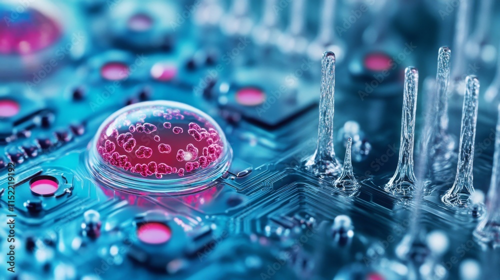 Fototapete close-up of a vibrant electronic circuit board, showcasing a droplet of bio matter alongside intrica